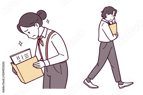 Two office workers one looking dejected at documents the other walking thoughtfully representing workplace challenges and contemplation