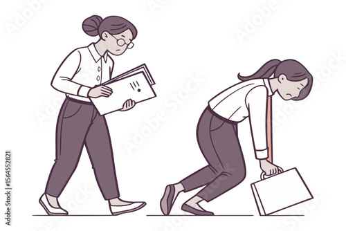A stressed businesswoman with a briefcase struggles while a colleague calmly reviews documents depicting workplace pressure and exhaustion