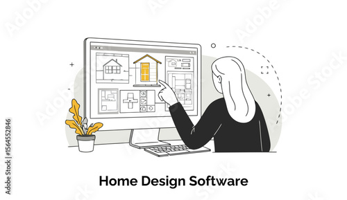 Female home designer using home design software at a computer, interacting with digital house plans. Professional interior designer in a home office, reviewing blueprints on a desktop computer.