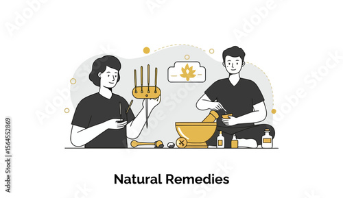 Two adults preparing natural remedies in a tranquil setting. Women and men working together on herbal remedies in a home or clinic.