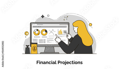Female financial analyst reviewing financial projections on a computer screen in a modern office setting. Woman pointing to data displays with confident posture.