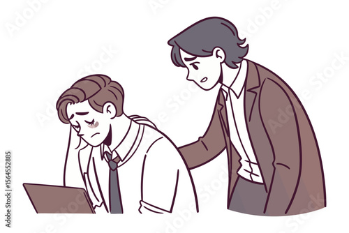 A supportive colleague offers comfort and encouragement to a stressed and overwhelmed coworker in a professional setting