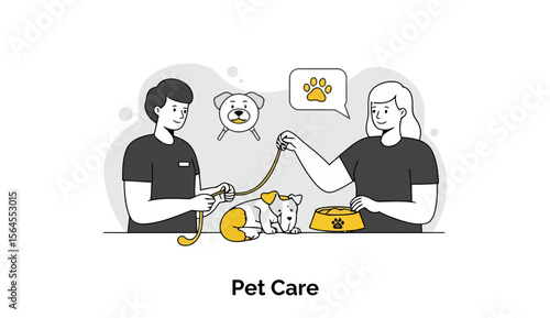 Young adults in casual clothing assisting a puppy in a pet care setting. Caretakers handling a leash and bowl for the puppy.