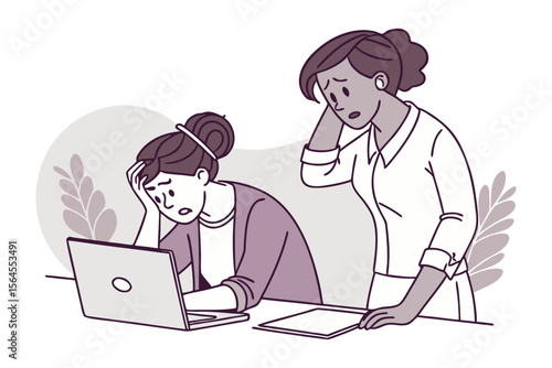 Two women coworkers experiencing stress and frustration while working on a laptop together at their office desk