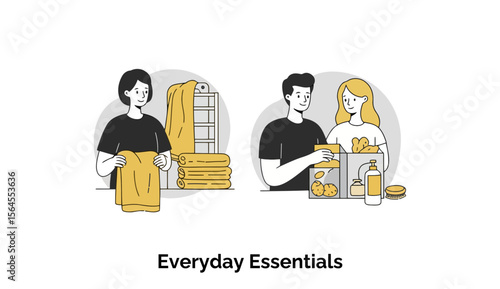 Young adult couple handling everyday essentials in a home setting. Woman selecting towels from a rack and man unpacking groceries. Homeowners with no specific location -