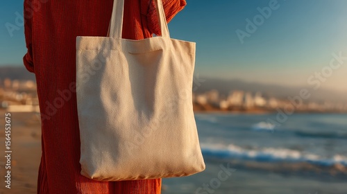 Woman wearing a red shirt and carrying a blank tote bag at the beach. Showcase eco-friendly brands with natural tones and an ocean background.