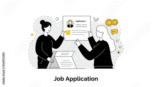 Two young adults in business attire presenting a job application at a professional setting. Female professionals examining a resume for a potential candidate in an office environment.