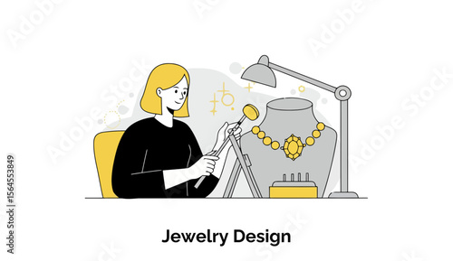 A young woman, wearing a black top, meticulously examines a necklace on a display stand in a jewelry design studio. Focused female jewelry designer working on a necklace at a design studio.
