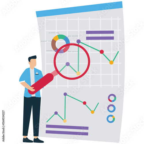 Businessman Analyzing Graph with Magnifying Glass Illustration