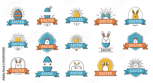 Collection of easter holiday badges with festive spring decorations for celebrations