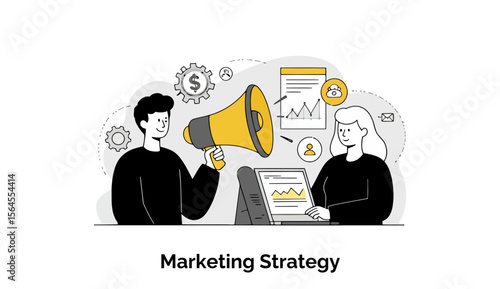 Team collaborating on marketing strategy, young adults in casual wear, presenting data and plans in a modern office setting.