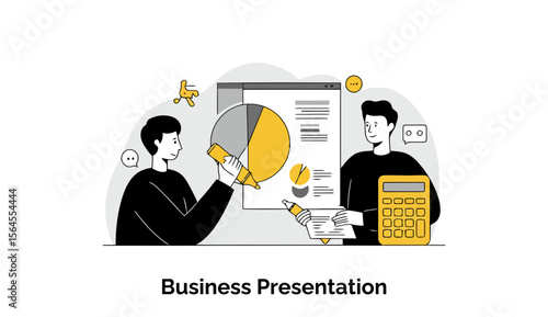 Young professionals in casual attire engaged in a collaborative business presentation in a modern office setting. Two men actively working together to explain data and financial reports with graphs.
