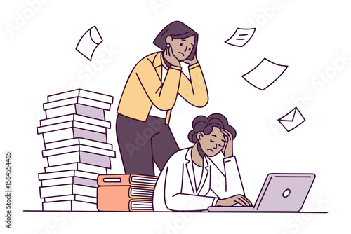 Two stressed women overwhelmed by work with stacks of papers books and a laptop symbolizing burnout and deadlines
