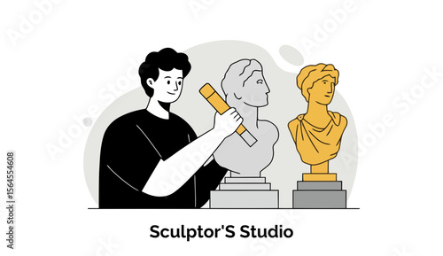 Young sculptor in black t-shirt working on marble bust in sculptor's studio. Male artist working on a classical sculpture in a professional studio setting.