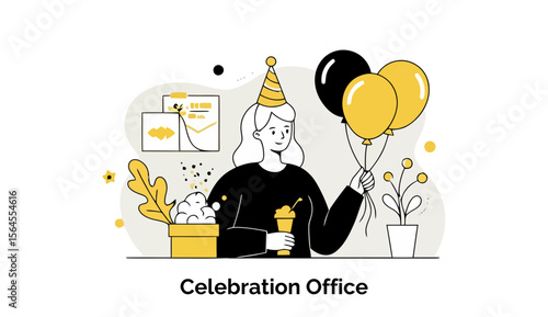 Female employee in a celebration office setting holds party balloons and drinks a celebratory beverage. Smiling and relaxed, she's enjoying a celebration in the office.