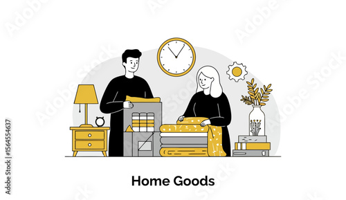 Young adult couple unpacking home goods in a modern home. They are working together to unpack and arrange items, showcasing the process of setting up a new home.