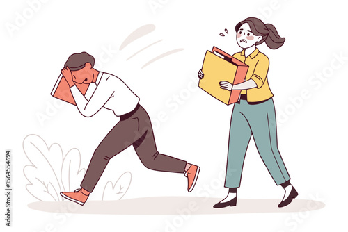 Frustrated employee rushes with files while colleague looks on with concern and stress during a busy workday
