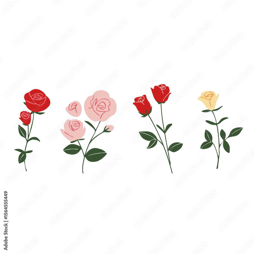 Obraz premium Hand-drawn style vector illustration of roses in red, pink, and yellow. Perfect for wedding invitations, Valentine’s Day, Mother’s Day, greeting cards, and romantic floral-themed designs.