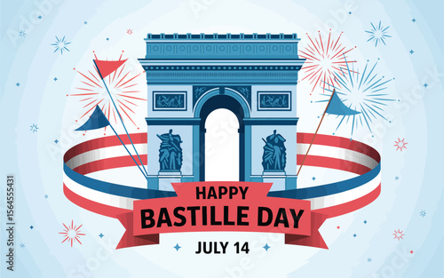 Happy Bastille Day with Arc de Triomphe, fireworks, and French flag ribbon celebrating France’s national day on July 14 in Paris