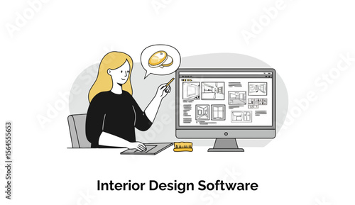 Young woman interior designer using interior design software at a home office. Focusing on design options on the screen, illustrating a modern work environment.