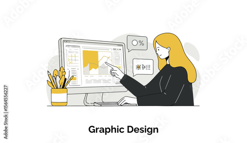 Female graphic designer working on a computer, reviewing data, in a home office setting. A young woman in a black blazer, reviewing a computer graphic design, using office equipment.