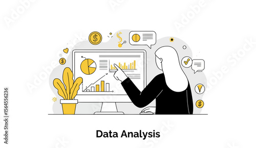 Female data analyst in business attire points to data visualizations on a computer screen in a modern office setting. A Muslim professional conducts data analysis at her workspace.
