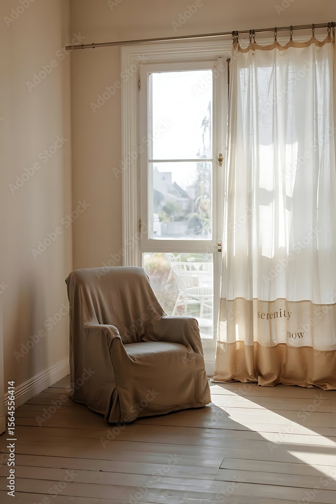 Fototapeta premium Bright Minimalist Room Interior with Sheer Curtains and Soft Natural Morning Light from White-Framed Window