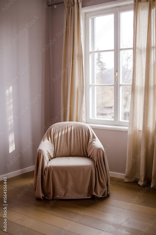 Fototapeta premium Bright Minimalist Room Interior with Sheer Curtains and Soft Natural Morning Light from White-Framed Window