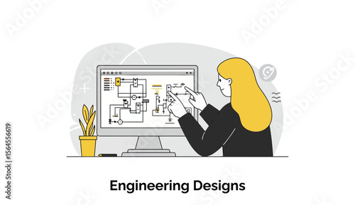 Female engineer reviewing electronic circuit design on computer monitor. Female engineer in business attire, pointing at circuit diagrams on her computer screen in a modern office setting.