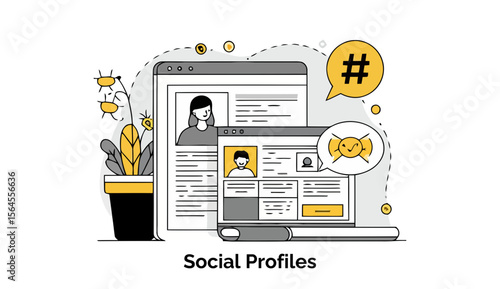 Young adults browsing social media profiles on multiple devices in a modern, digital setting. The action depicts various social media profiles displayed on laptop and tablet screens.