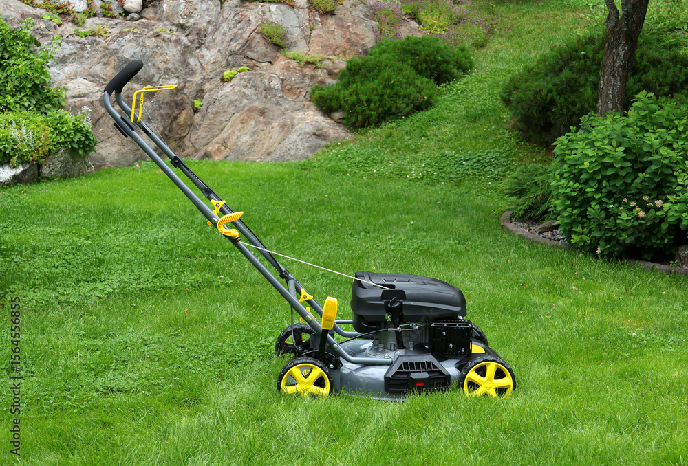 Brand new lawnmower in long grass, ready for work Brand new lawnmower in long grass, ready for work