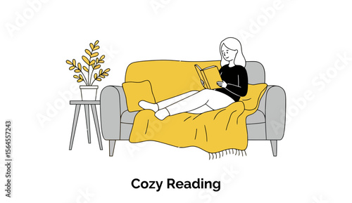 A young woman relaxing on a couch, wearing casual clothing, reads a book in a cozy living room setting. Relaxed female leisure activity at home.