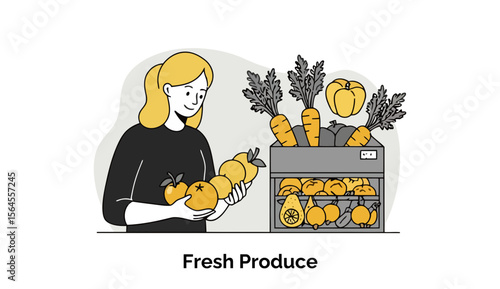 Young woman selecting fresh produce at a grocery store display, holding oranges and looking at vegetables. Customer interacting with fresh produce display at a supermarket.