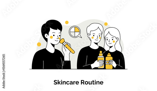 A clean, stylized illustration shows the step-by-step process of a daily skincare routine, with a young adult demonstrating the application of various beauty products.