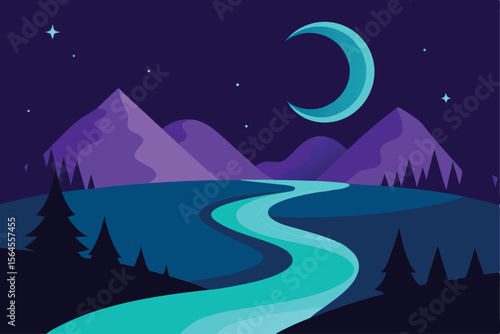Serene Night Landscape Crescent Moon Over Mountain River