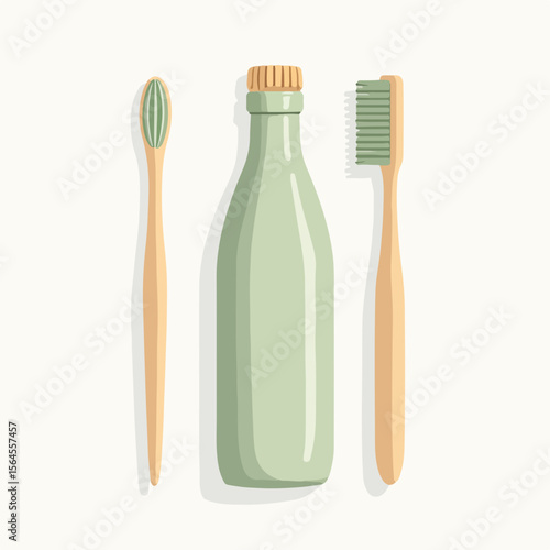 Reusable bottle and bamboo toothbrushes, showcasing eco-friendly items with plenty of copy space. This reusable bottle setup features sustainable wooden toothbrushes against clean white backdrop.