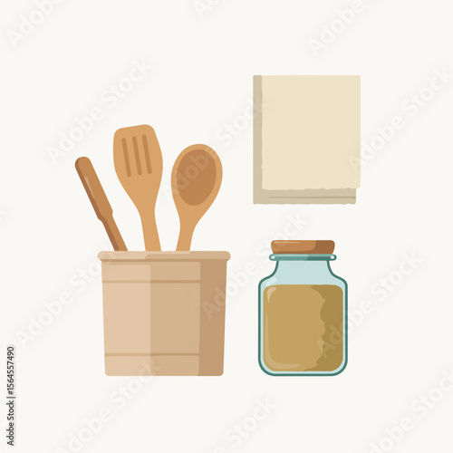 Sustainable kitchen tools illustration features wooden cooking instruments in a pot with jar and cloth, styled with soft pastel colors.