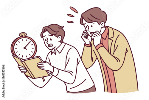 Two men react with shock and disbelief to a ticking pocket watch held over an open book indicating a critical deadline