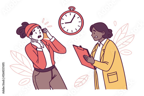 Stressed employee on phone with manager looking at clock and clipboard during a busy workday