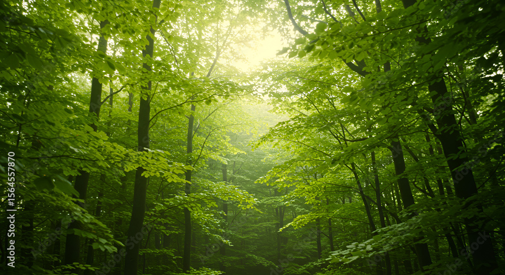 Fototapeta premium Lush green forest canopy. Sunlight filters through