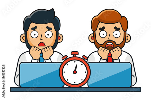 Two cartoon businessmen with shocked expressions staring at a stopwatch on a desk with laptops symbolizing deadline pressure or urgent tasks