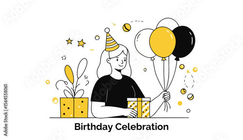 Young woman wearing a black t-shirt and party hat, holding balloons and a gift, celebrating a birthday in a casual interior setting. Happy female attendee at a birthday party with gifts and balloons.