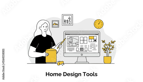 Female home designer presenting home design tools on computer screen in a modern home office setting.