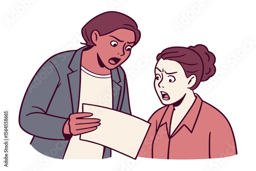 Two women express shock and disbelief while looking at a document together their faces contorted in surprise and concern