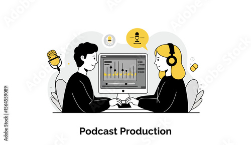 Young adults in casual wear collaborating on podcast production at a home studio. Working together at a computer with audio editing software. Podcast producers at a home office -