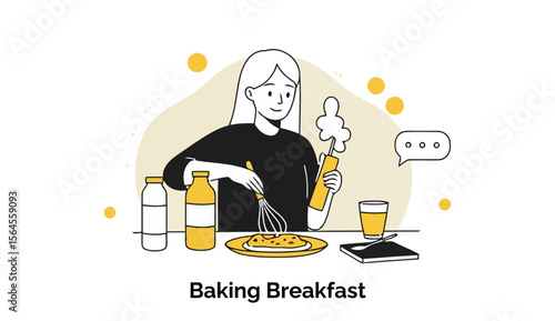 Young woman baking breakfast at a table with ingredients and utensils. Happy female homemaker whisking batter with focus and care in a home kitchen.