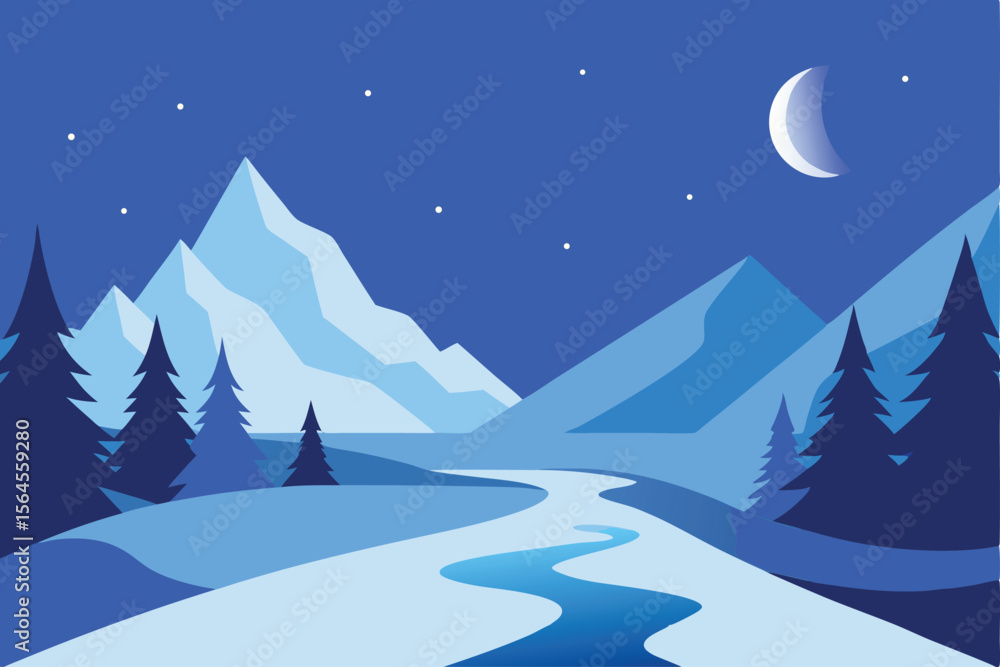 Fototapeta premium Serene Night Scene Mountains, River, and Crescent Moon