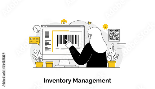 Female business professional in formal wear interacts with inventory management software on computer, highlighting barcode scanning in a modern office setting.