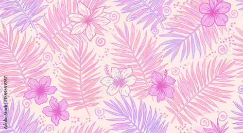 Tropical floral pattern with pink leaves and flowers on pastel background