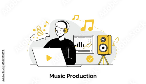 Young adult music producer working from home studio. Focused on laptop screen, listening to headphones with music notes, sound equipment and data graphs in background.